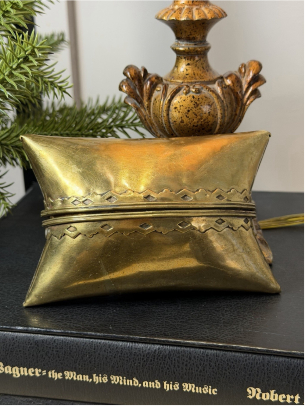 VTG Antique Brass Handcrafted Pillow Box Nuts Vanity Keepsake Opens 5”